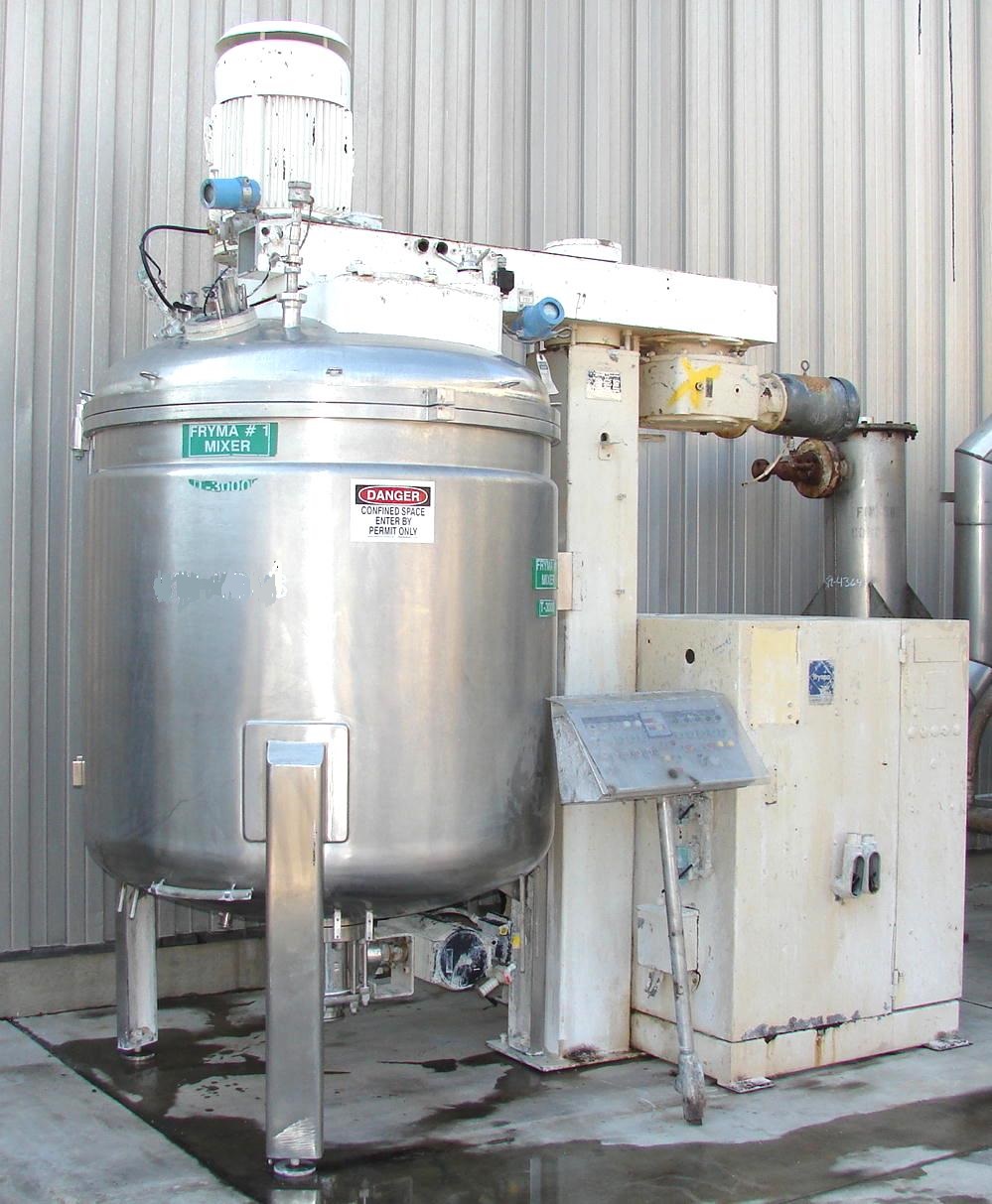 ***SOLD***used 2400 liter Fryma VME-2400 Vacuum Processing Vessel/Kettle, Dual Shaft, Sanitary construction, 2400 Liter (630 Gallon) working capacity. There are two agitator drives. A 7.5 hp motor drives a center 3 blade counter rotating agitator and a scrape agitator through a chain drive. A 50 hp motor drives a disperser type agitator off to the side of the center shaft. Working temperatures are 150 Deg.C (302 Deg.F.)for the interior and the jacket. The interior has a pressure rating of -1/+1 bar and the jacket has a 2.5 bar rating. The top has an 8